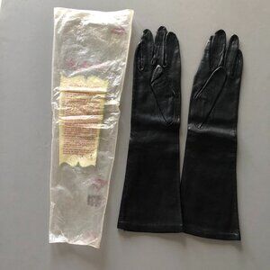 VINTAGE MID CENTURY BLACK LONG LEATHER GLOVES SIZE 7.5 EVENING FORMAL ELEGANT